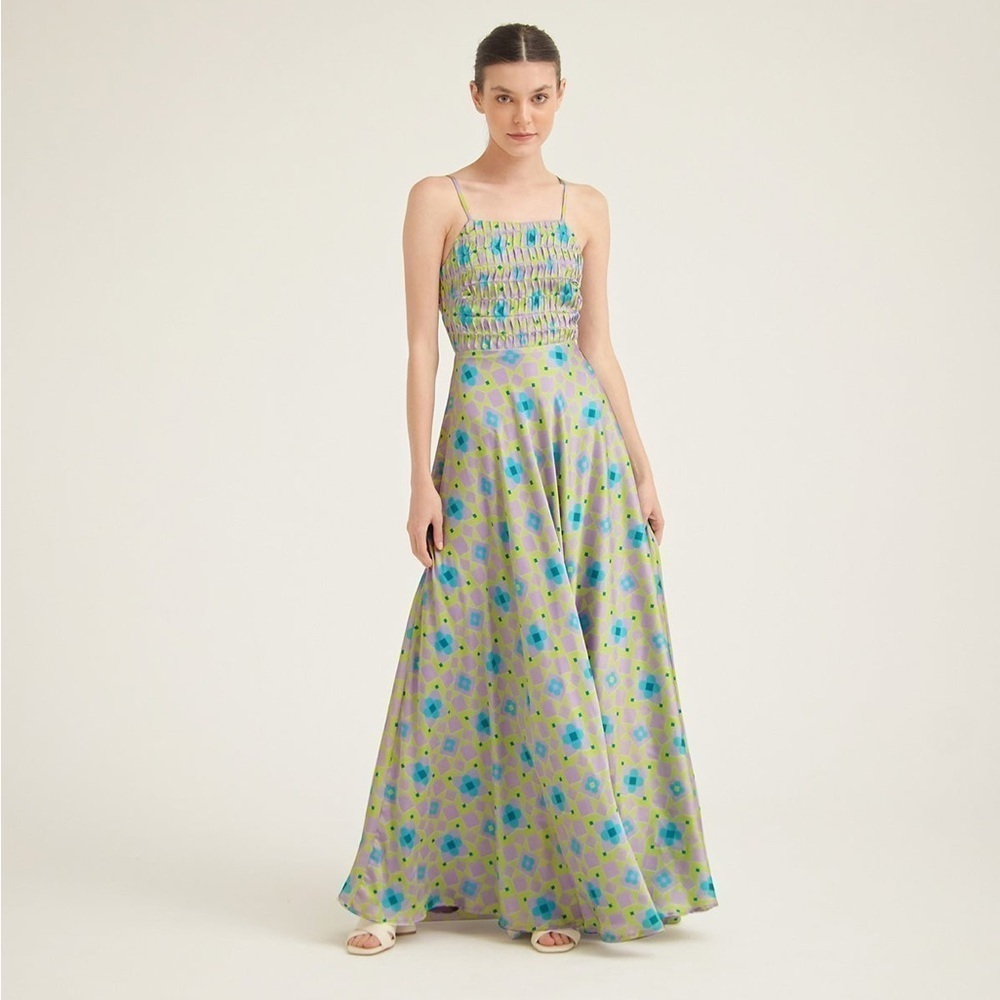 Silka Natasha Sevilla Smocked Top Tie Back Satin Maxi Dress Purple Green Teal XS